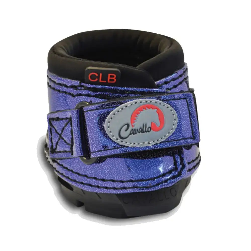 Purple glitter heavy duty industrial hoof boots with black rubber sole and cavallo cute logo strap