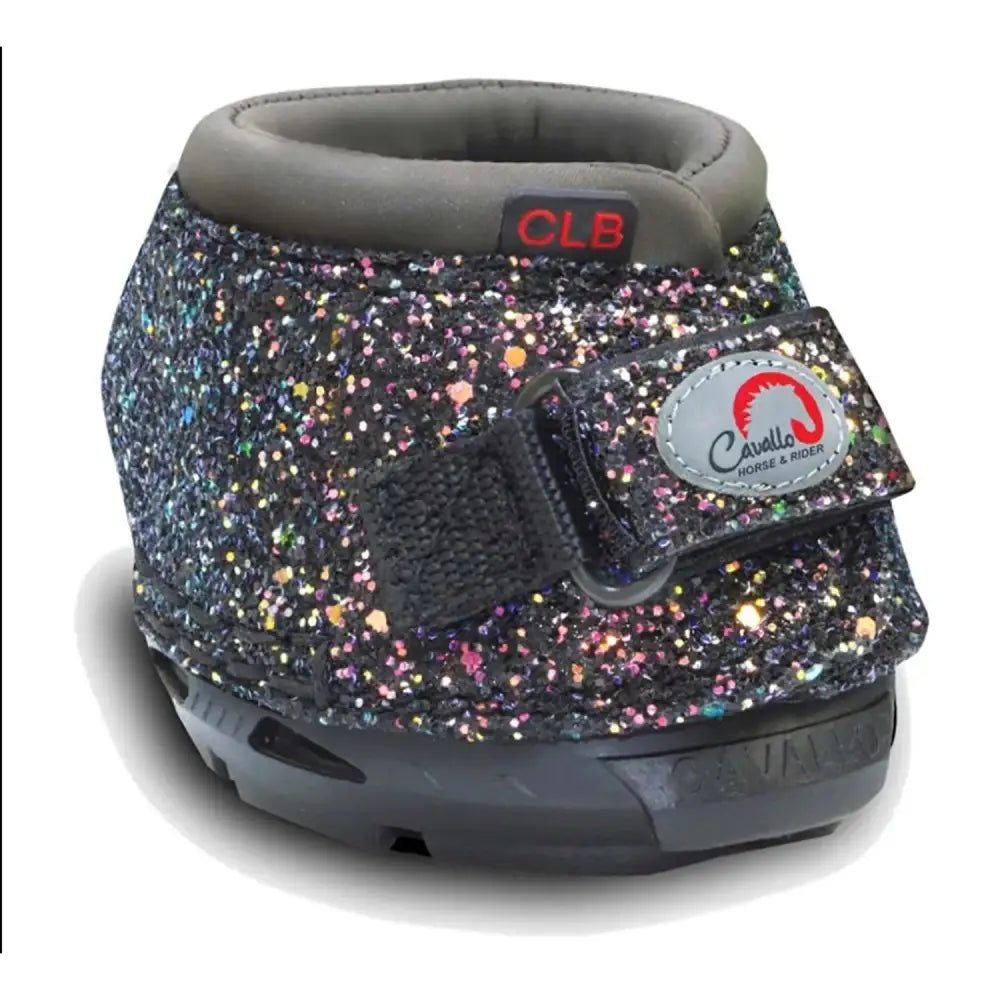 Cavallo cute slim bling horse hoof boot in glittery black with multicolored sparkles and gray padded interior