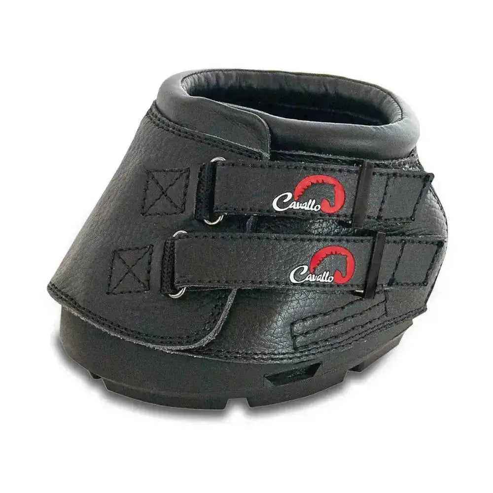 Black cavallo simple boot with textured leather straps and red logo accents popular hoof boots for horses