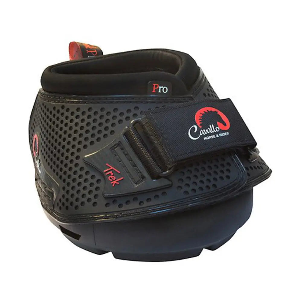 Black cavallo trek pro hoof boot with red branding and perforated design for horse boots protection