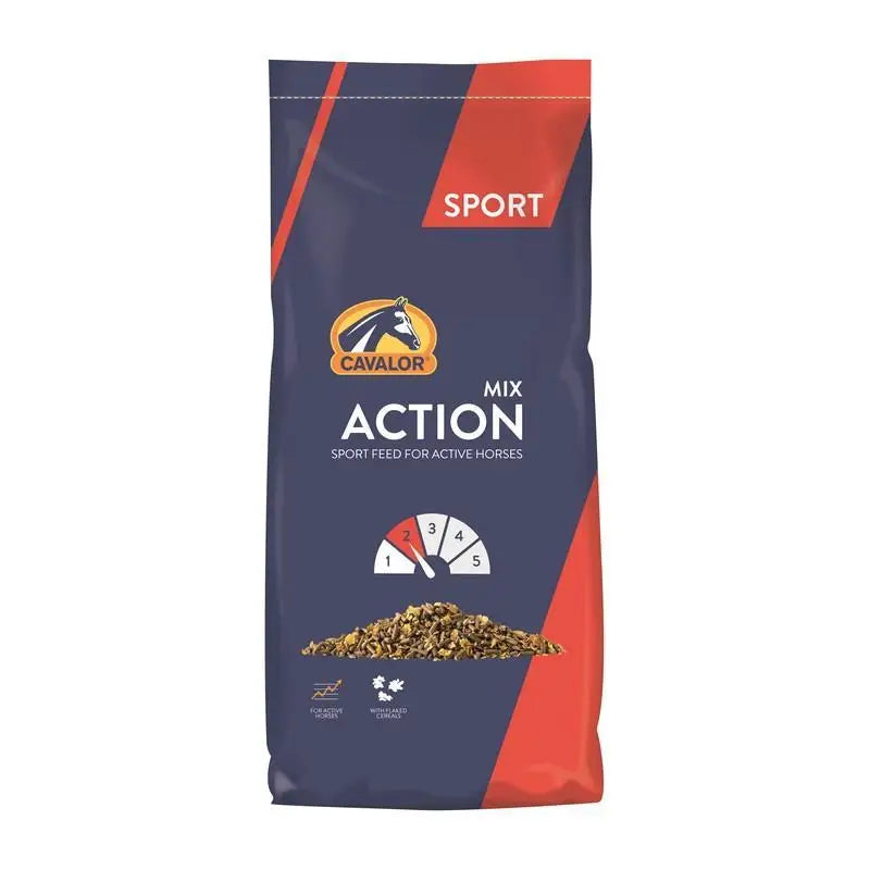 Navy blue and red cavalor action mix 20 kg feed bag for competition horses with image of genetically modified soya feed