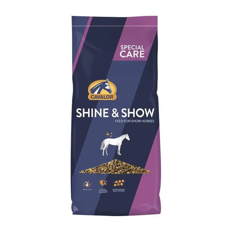 Cavalor shine & show 20 kg feed for show horses in navy purple bag with gold accents containing genetically modified soya and maize gluten