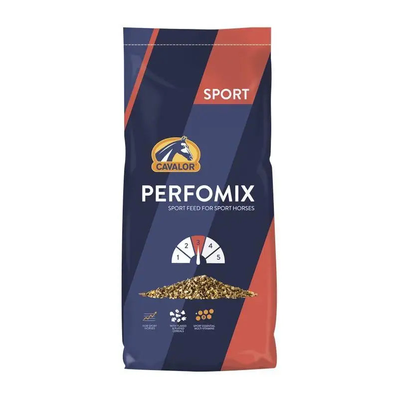 Cavalor sport perfomix expert 20 kg navy and orange bag with gold pellets contains glycine hydrate and genetically modified soya