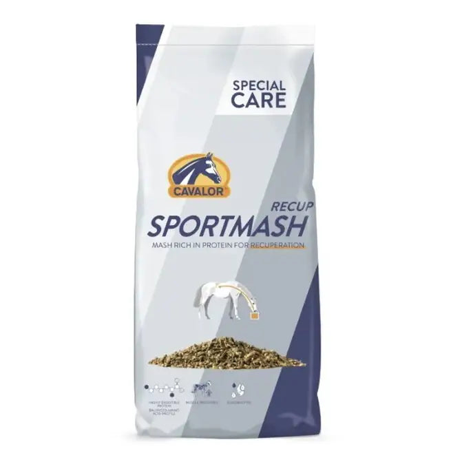 A white and navy blue bag of cavalor sportmash recup spec care protein-rich horse recovery mash