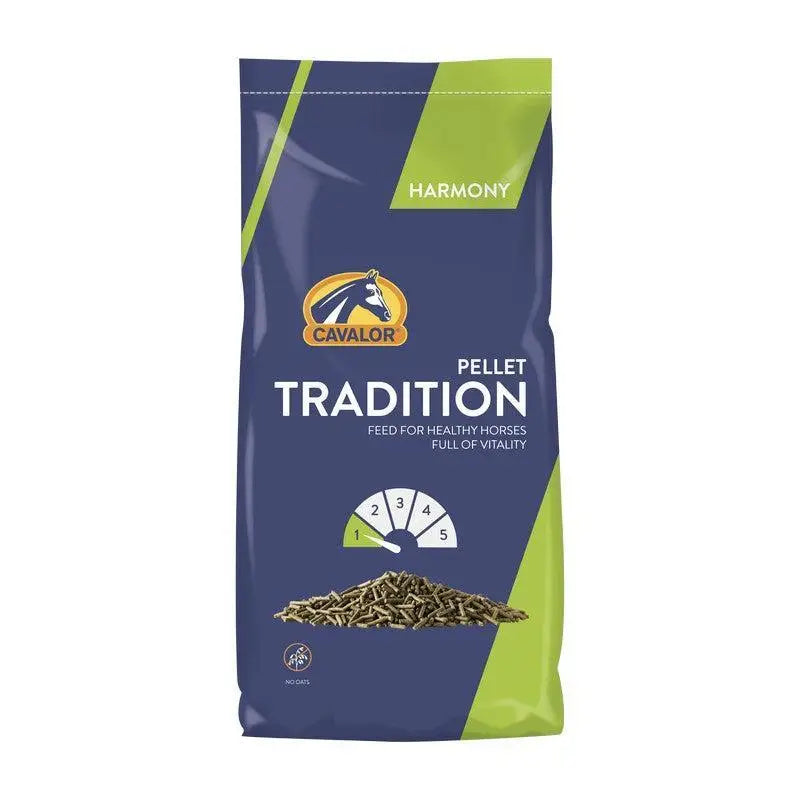 Cavalor tradition pellet horse feed in a navy and lime green 20 kg bag with brown pellets for horse ration and adanish designitives
