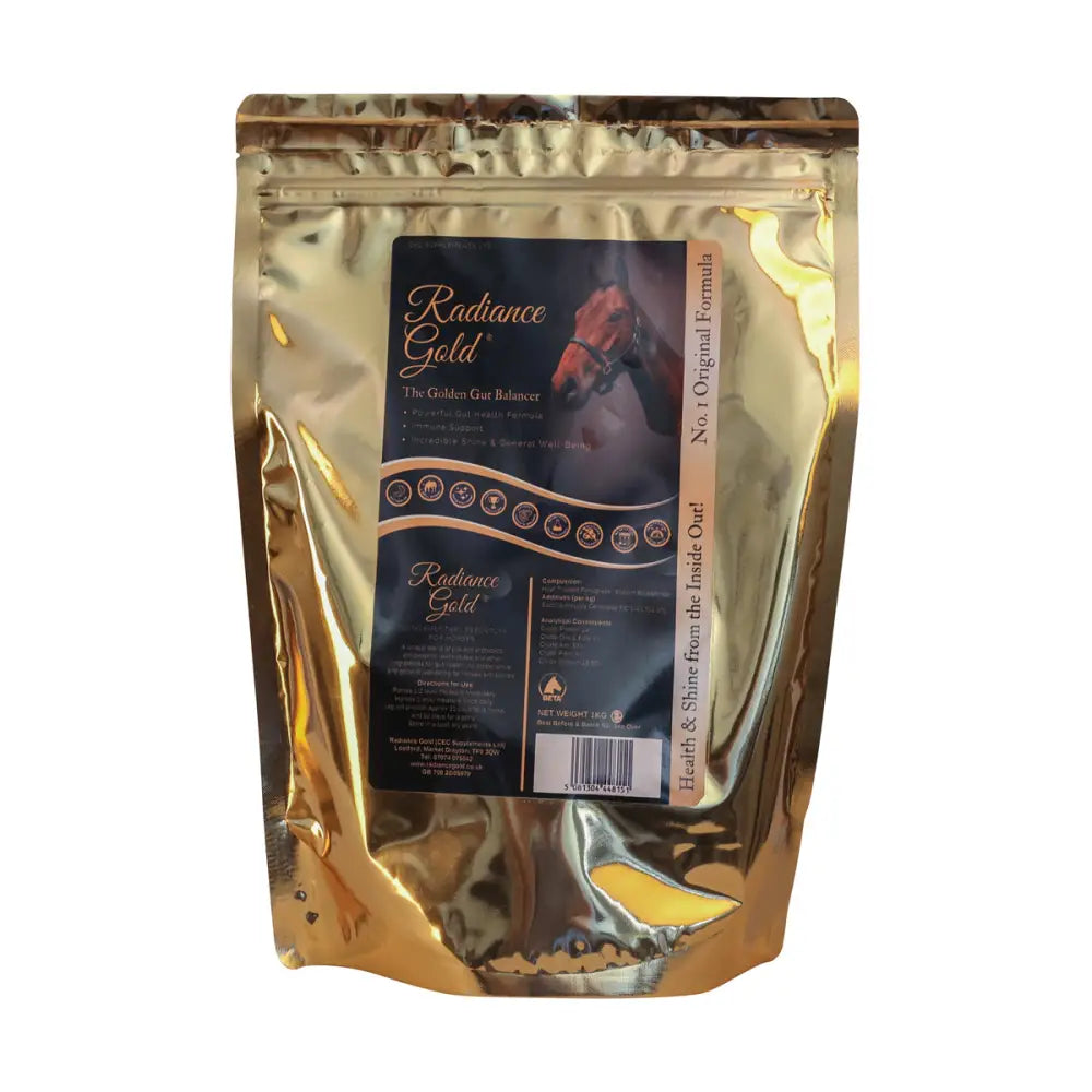 A shiny gold foil pouch of cec equine supplements radiance gold horse supplement with approved live yeast and a red horse label