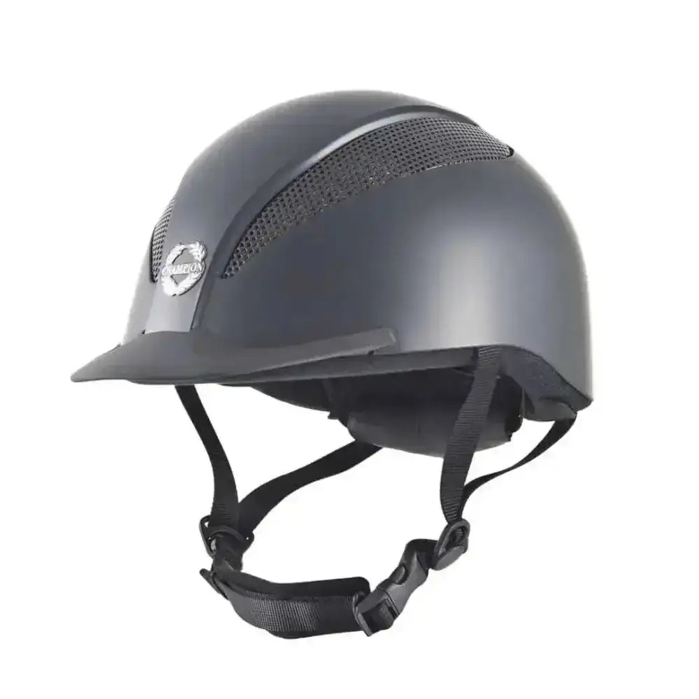 Black champion junior adjustable riding hat with matte finish mesh ventilation and adjustable straps for junior riders