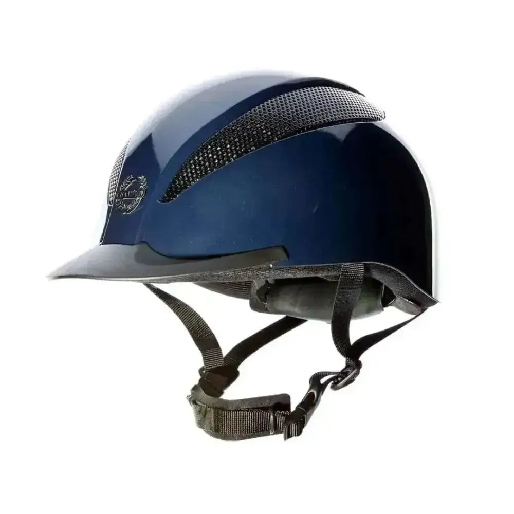 A sleek navy blue champion junior adjustable riding helmet with glossy finish mesh vents and black straps