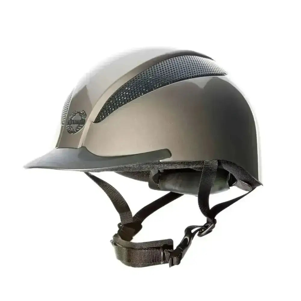A sleek matte gray champion junior adjustable riding helmet with glossy finish and black mesh ventilation panels