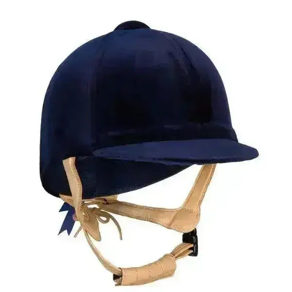 Navy blue velvet champion cpx3000 deluxe riding helmet cover with tan leather straps and decorative bow