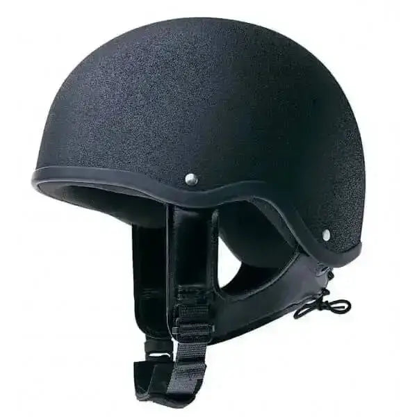 Black textured champion euro deluxe jockey helmet adults with adjustable chin strap and silver rivets