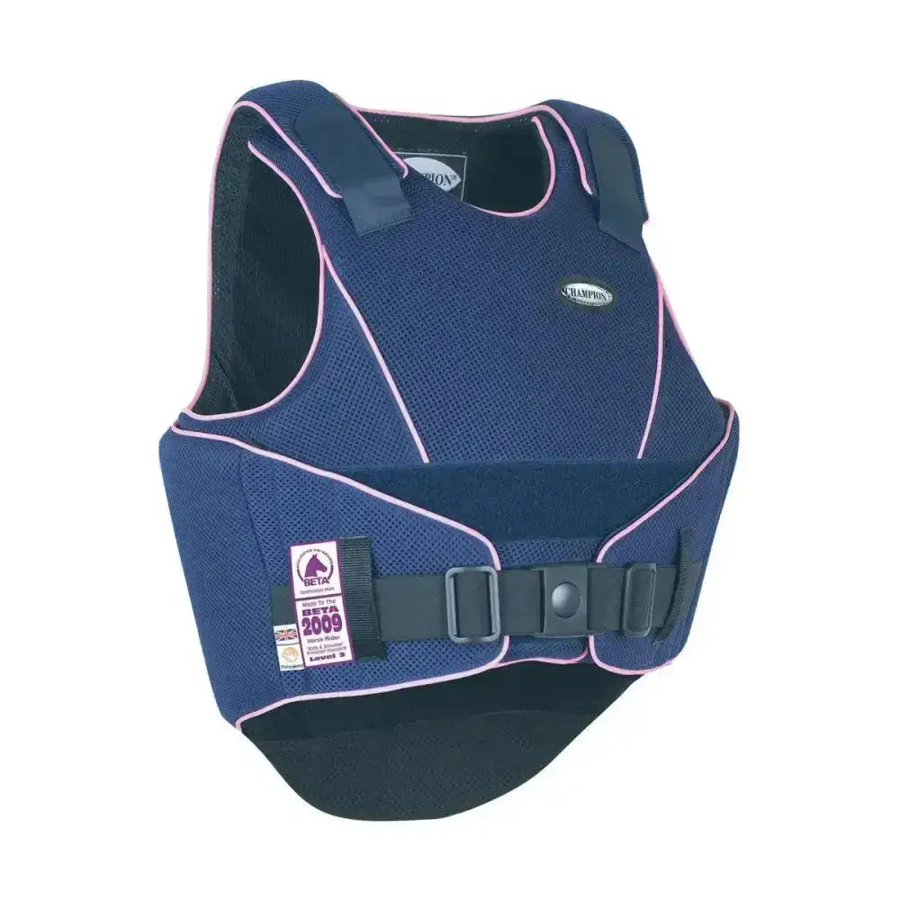 Navy blue champion flexair body protector adults with pink trim and black adjustable straps for equestrian safety