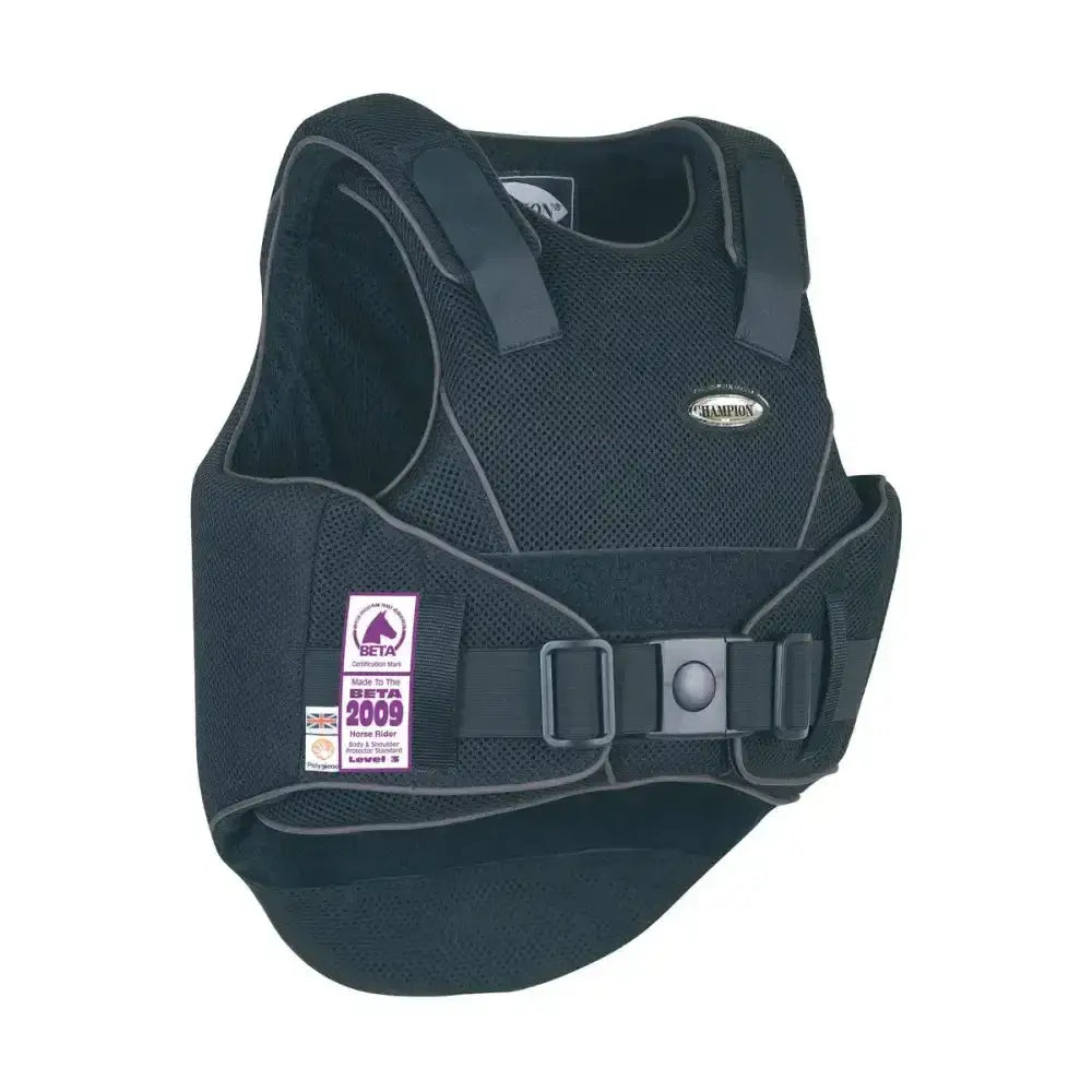 Black champion flexair body protector childs vest with mesh fabric and adjustable straps for horse riding