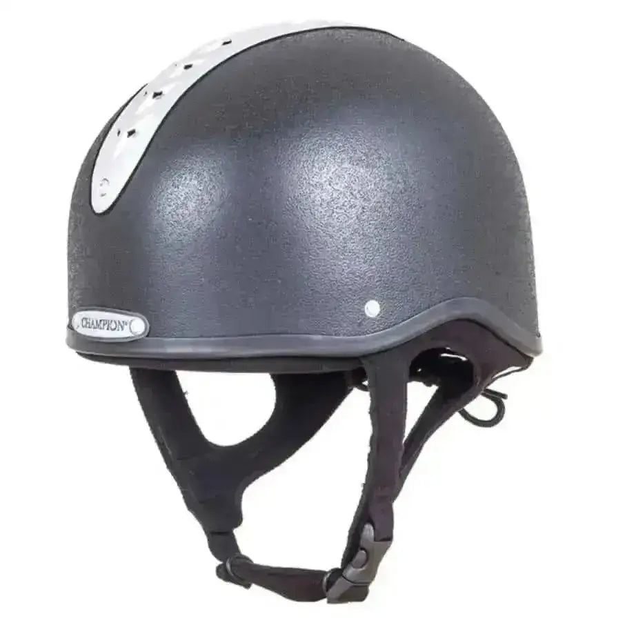 Black champion revolve x-air mips jockey helmet with silver stripe and adjustable straps offers mips brain protection