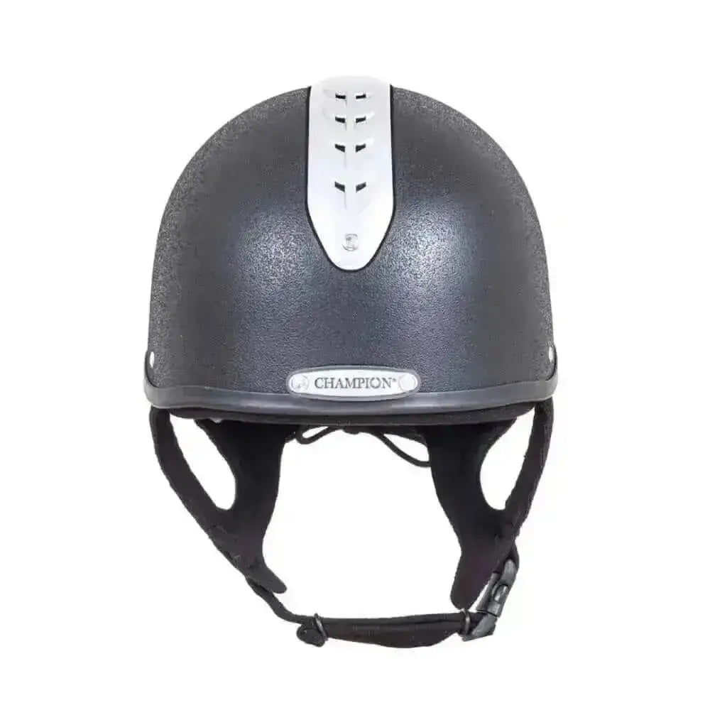 Black champion revolve x-air mips jockey helmet with silver stripe and adjustable straps for mips brain protection