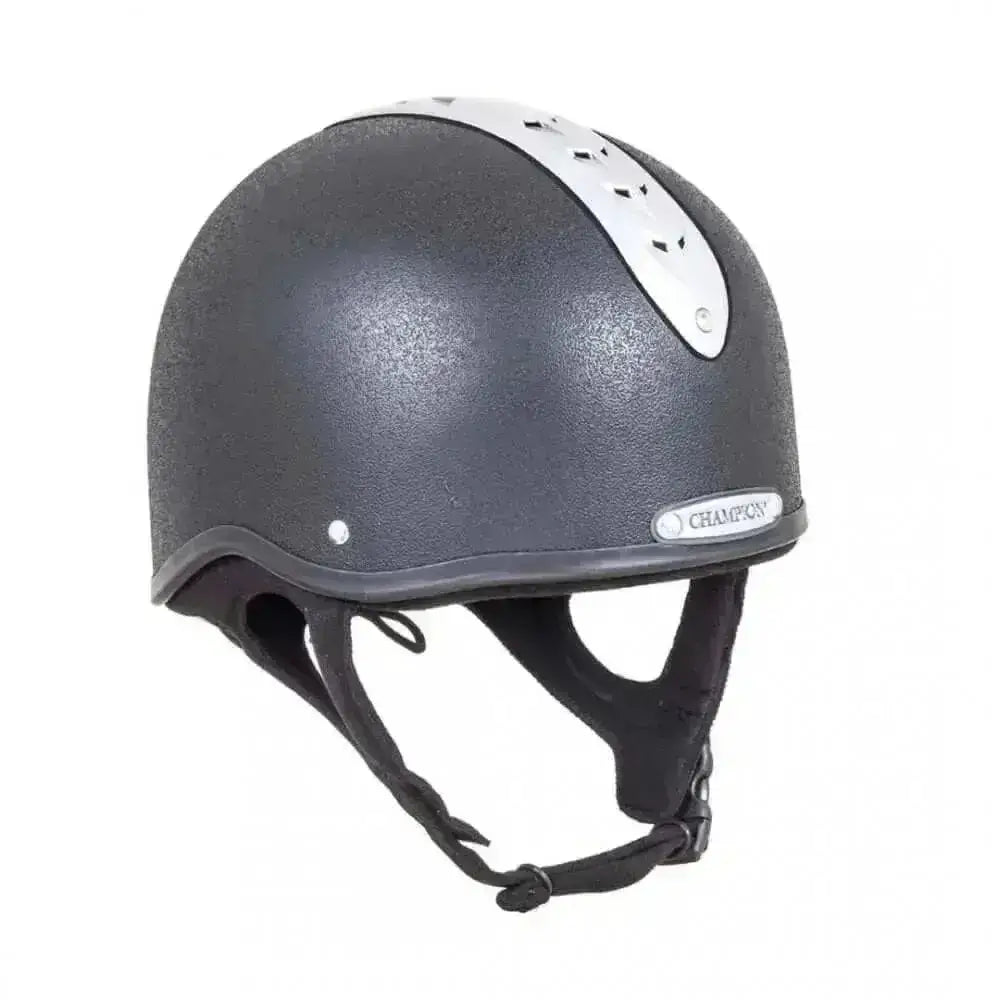 Black champion revolve x-air mips jockey helmet with silver ventilation strip and mips brain protection emblem
