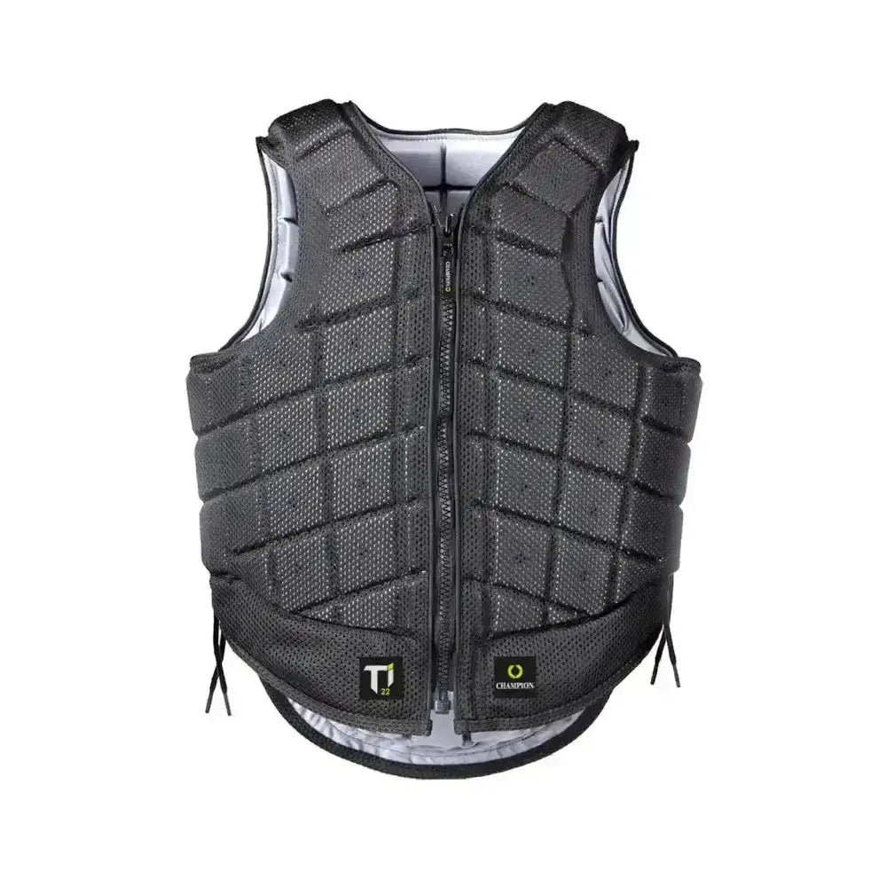Black quilted champion titanium ti22 adult body protector vest with mesh panels and central zipper plus branded patches