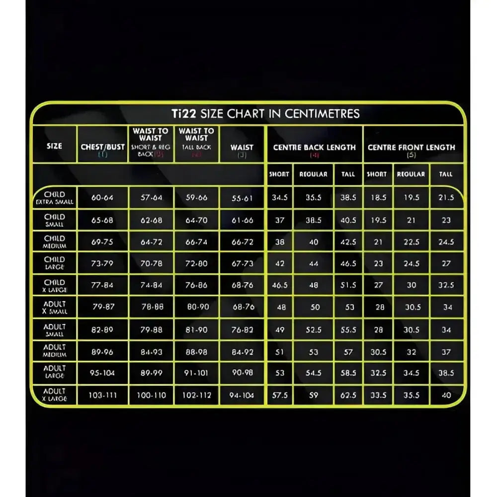 Bright yellow and black champion titanium ti22 size chart showing measurements for youths body protectors in kids and adult sizes