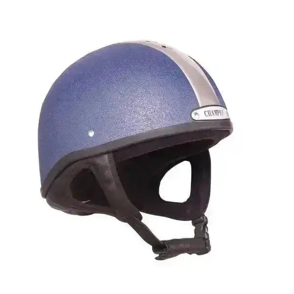 Blue and silver champion ventair deluxe skull riding hat with black straps designed for equestrian use in 51cm to 55cm