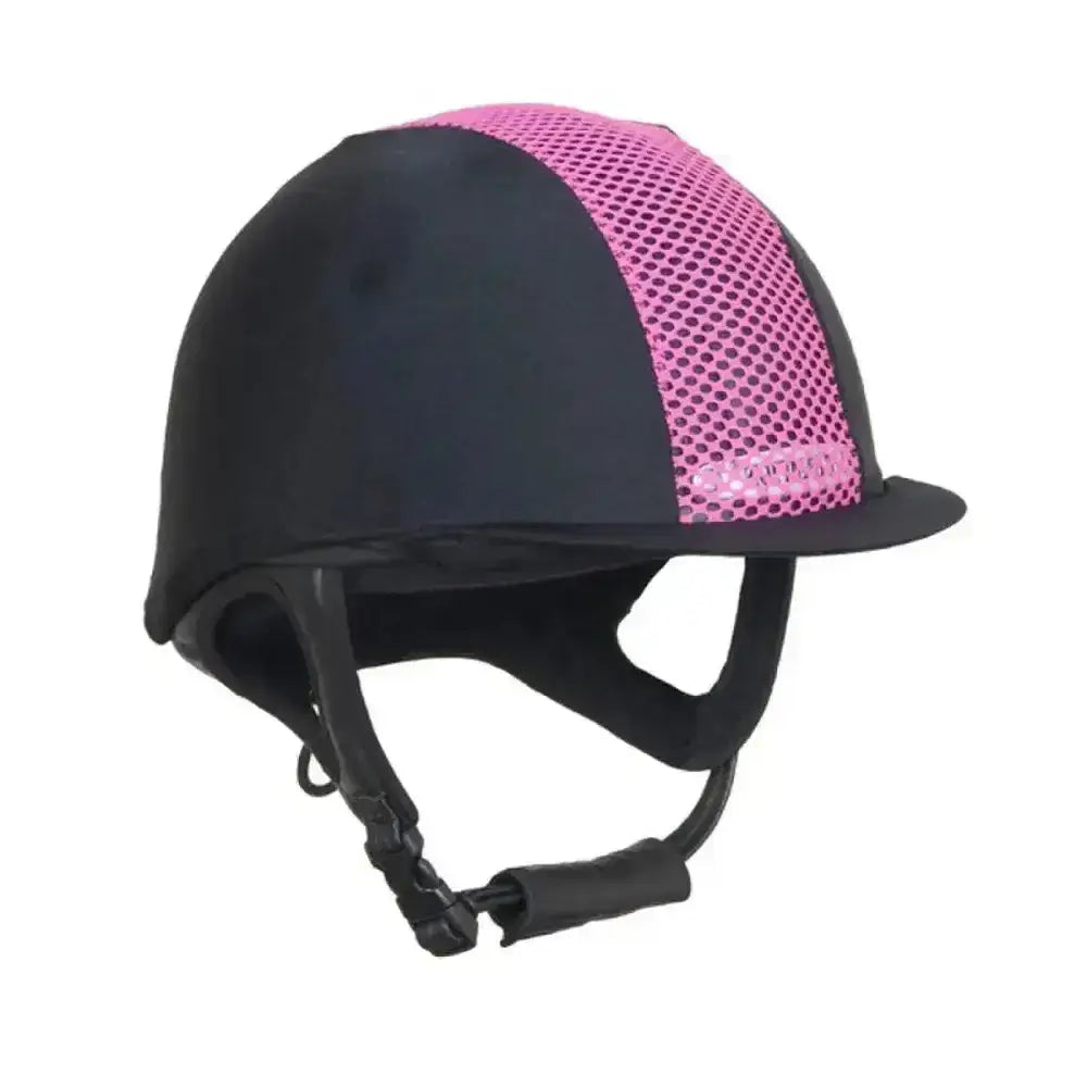 Black champion ventair lycra riding helmet with vibrant pink mesh top and adjustable straps for riding safety