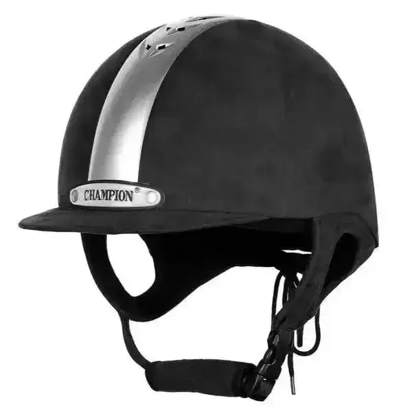 Black champion ventair peaked riding hat with silver stripe glass fibre shell and adjustable chin strap