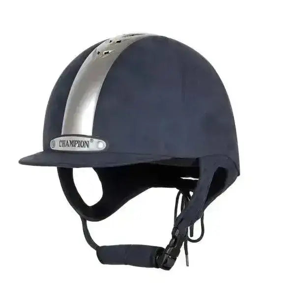 Dark blue champion ventair peaked riding hat with silver stripe and brand plaque made of glass fibre shell