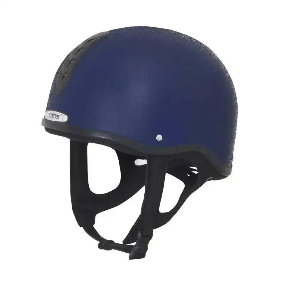Navy blue champion x-air jockey helmet riding hat with black straps and ventilation holes sized 56cm to 63cm