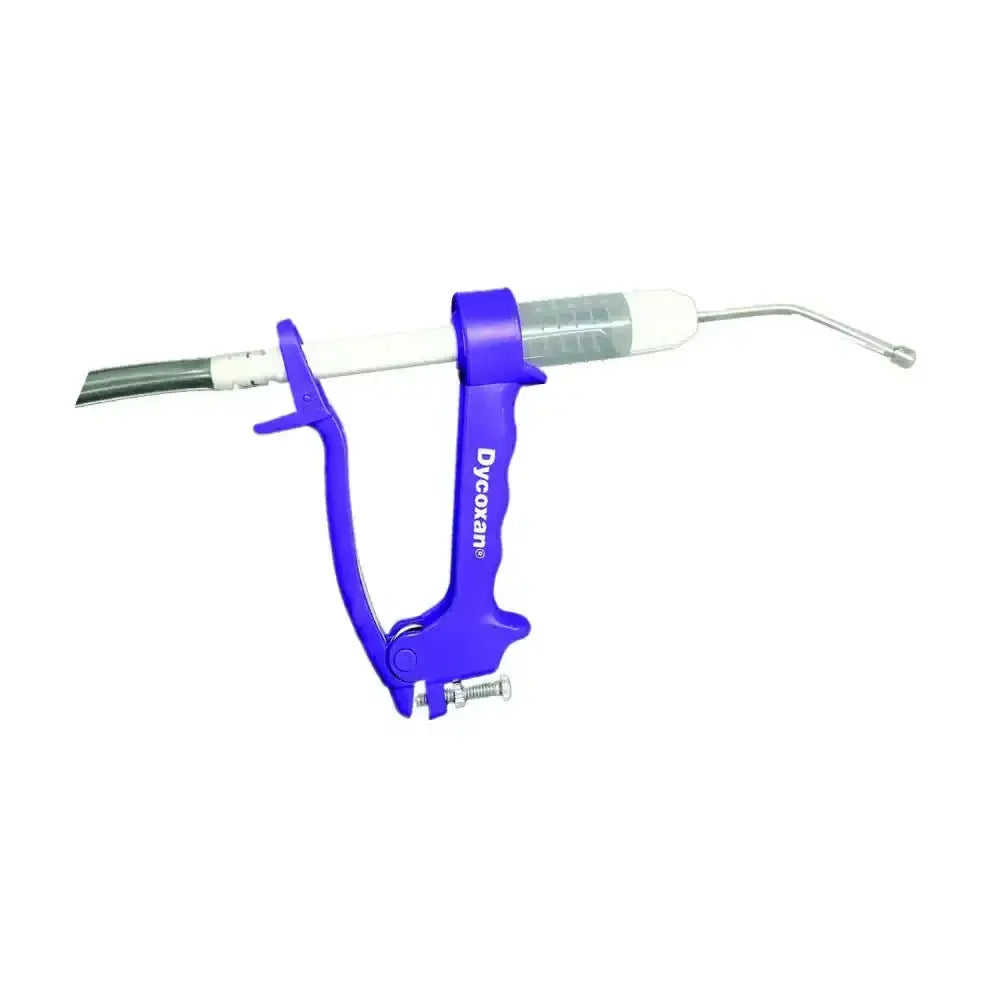 Blue plastic and metal chanelle dycoxan cow drench gun with white barrel and silver needle tip for easy dosing