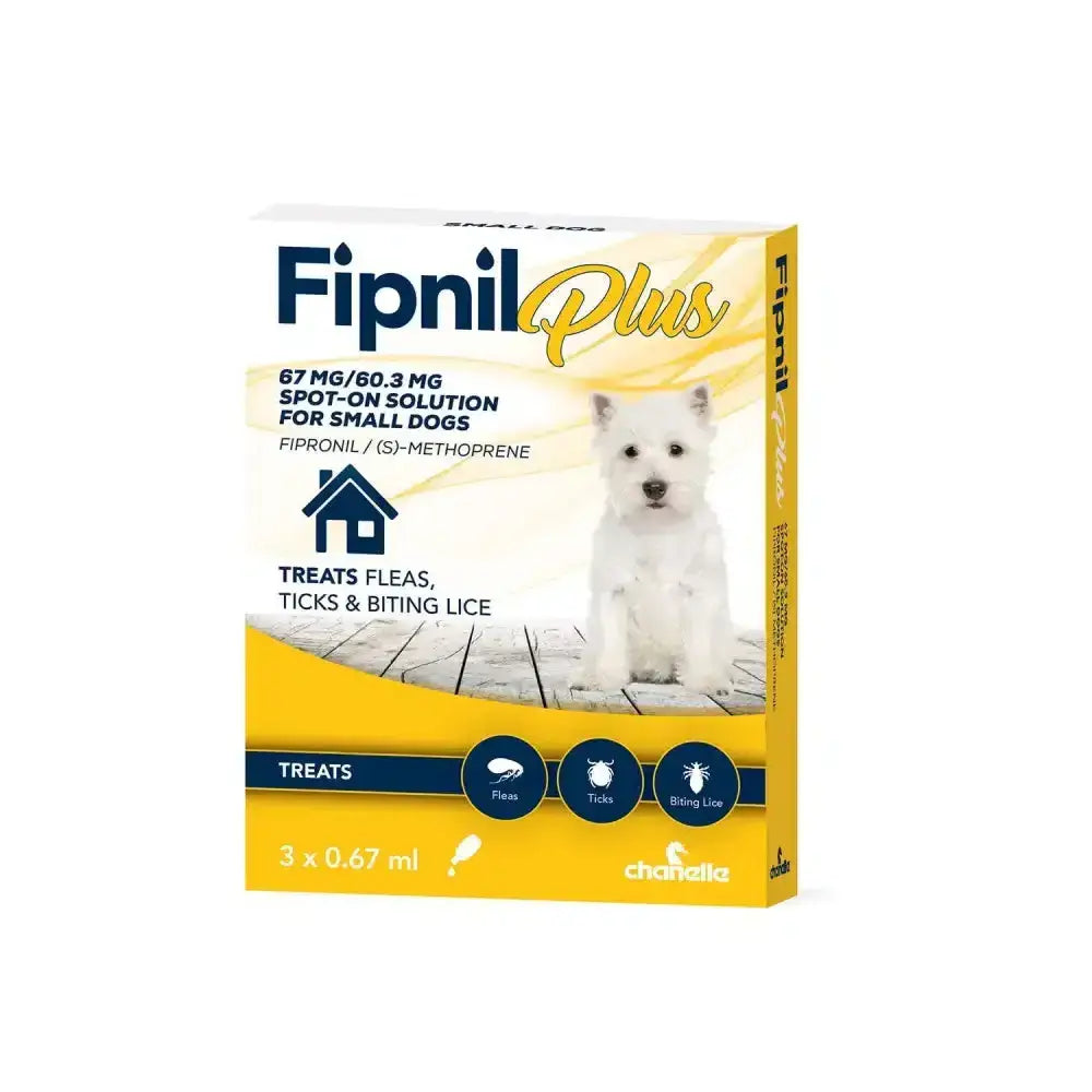Yellow and white box of chanelle fipnil plus spot-on for small dogs with white puppy kills flea eggs and biting lice