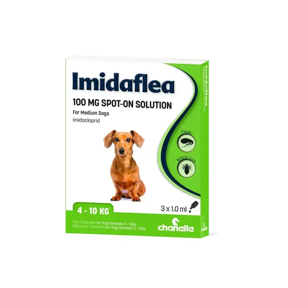 Green and white box of chanelle imidaflea 100gm spot-on for medium dogs featuring dachshund image for flea larvae pupae control