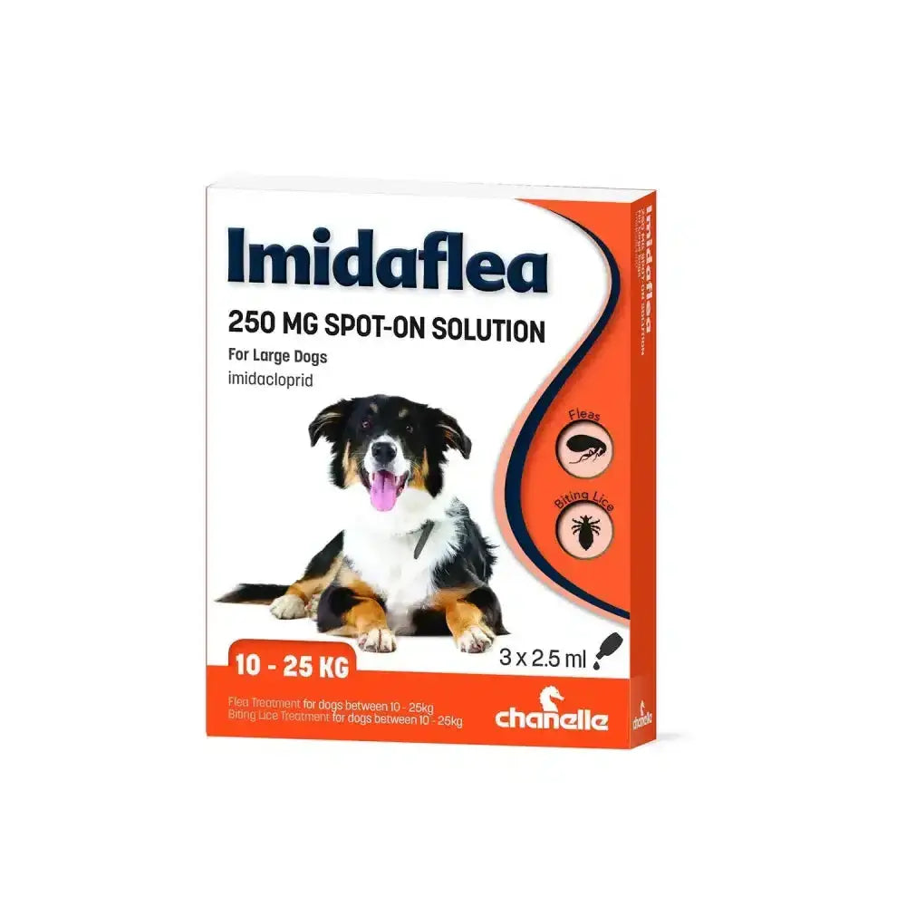 Chanelle imidaflea 250gm spot-on for large dogs in white and orange box with tri-color dog fights flea larvae pupae