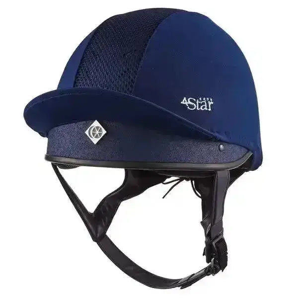 A navy blue charles owen 4star riding hat with mesh panel and black chin strap perfect for cross-country skull use