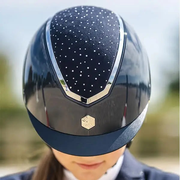 Black charles owen eqx kylo crystal mips riding helmet navy gloss with white dots and silver trim for equestrian use