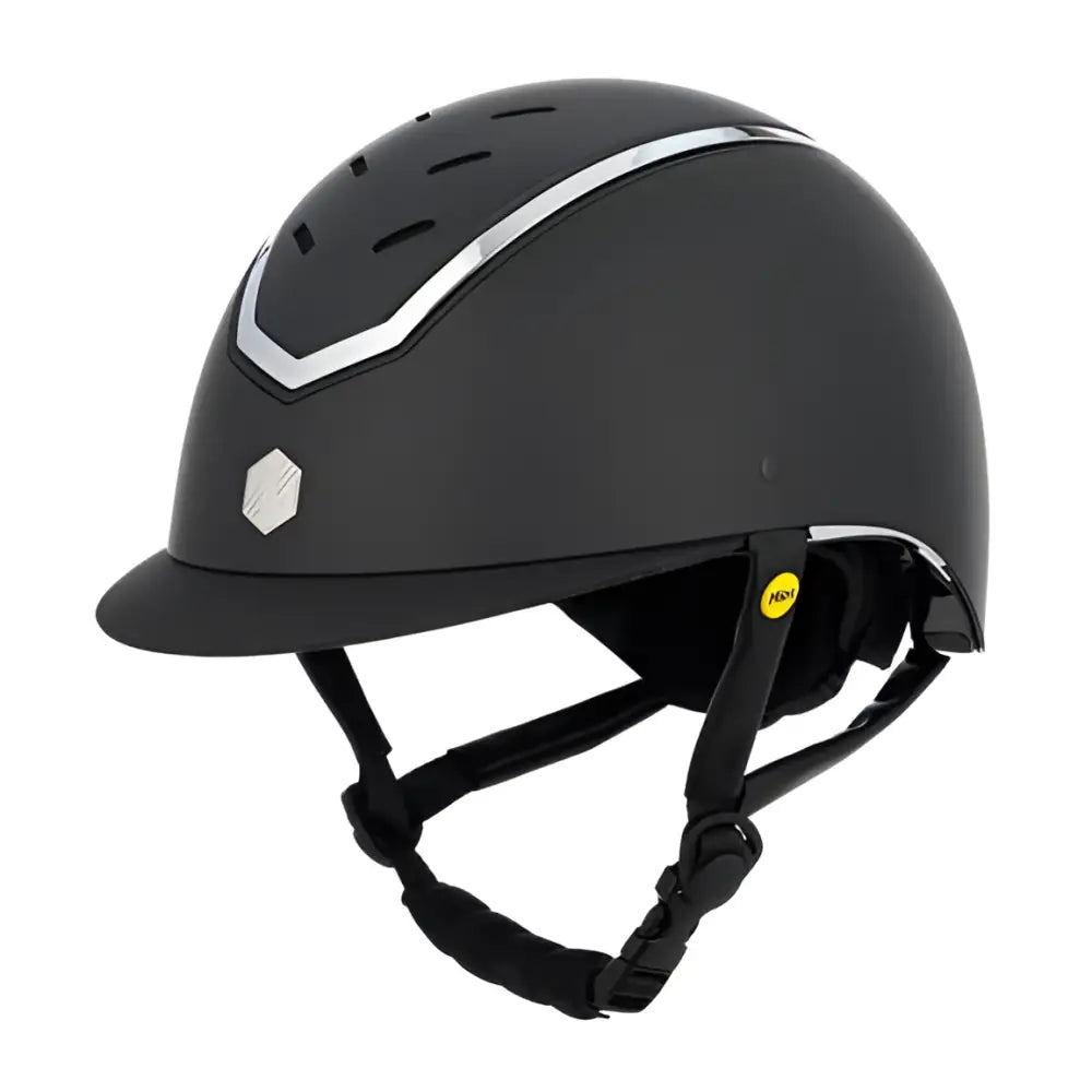 Black charles owen eqx riding helmet with matte finish and silver stripes for equestrian use