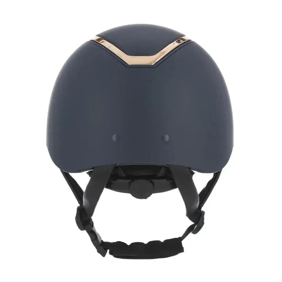 Navy blue charles owen eqx kylo mips riding helmet with a gold-tone v-shaped accent for equestrian use