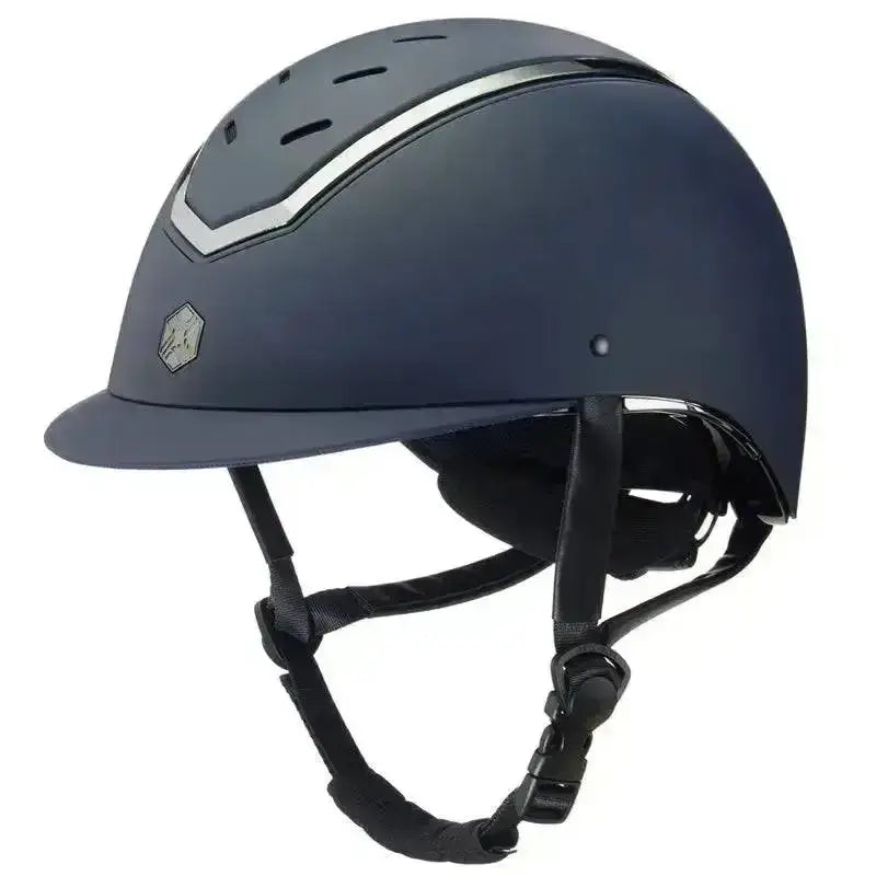 Dark gray charles owen eqx kylo riding helmet with a sleek matte finish and silver accent stripes on top