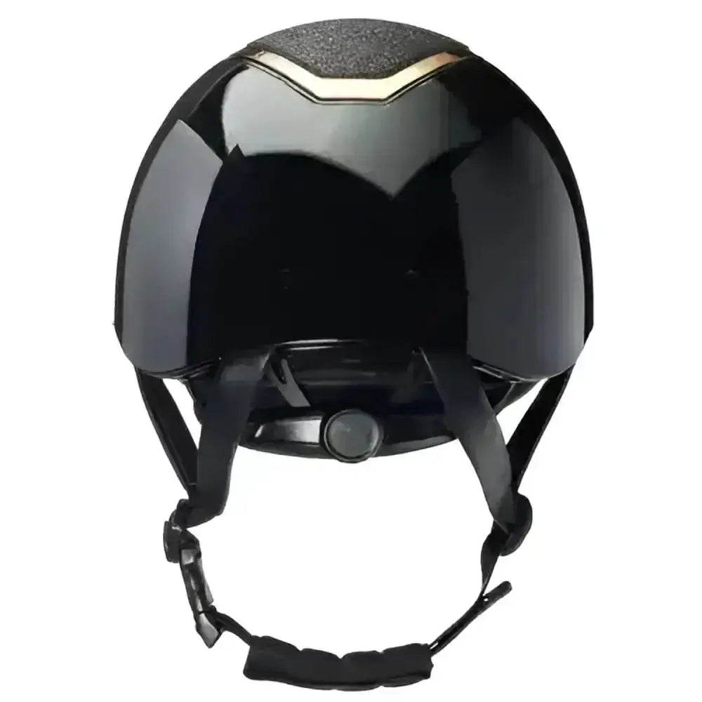 Black glossy charles owen eqx kylo sparkly riding helmet with gold trim and textured top panel for equestrian use