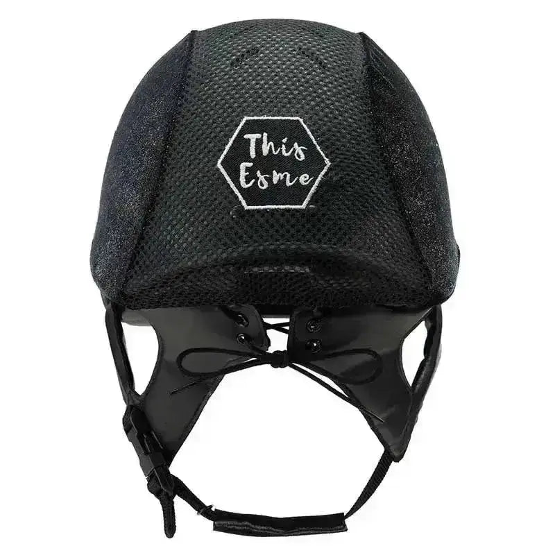 Black mesh charles owen esme cosmic js1 pro equestrian helmet with white embroidered this esme logo on front