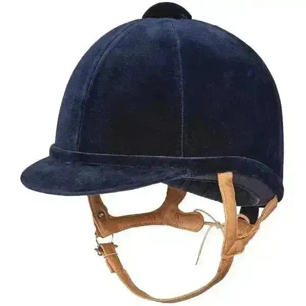 Navy blue velvet charles owen fian equestrian helmet with tan leather straps and black top button for riding use