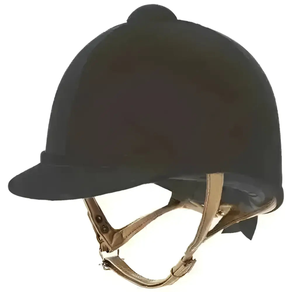 Black charles owen fian velvet riding hat with tan leather straps and a rounded crown for equestrian use