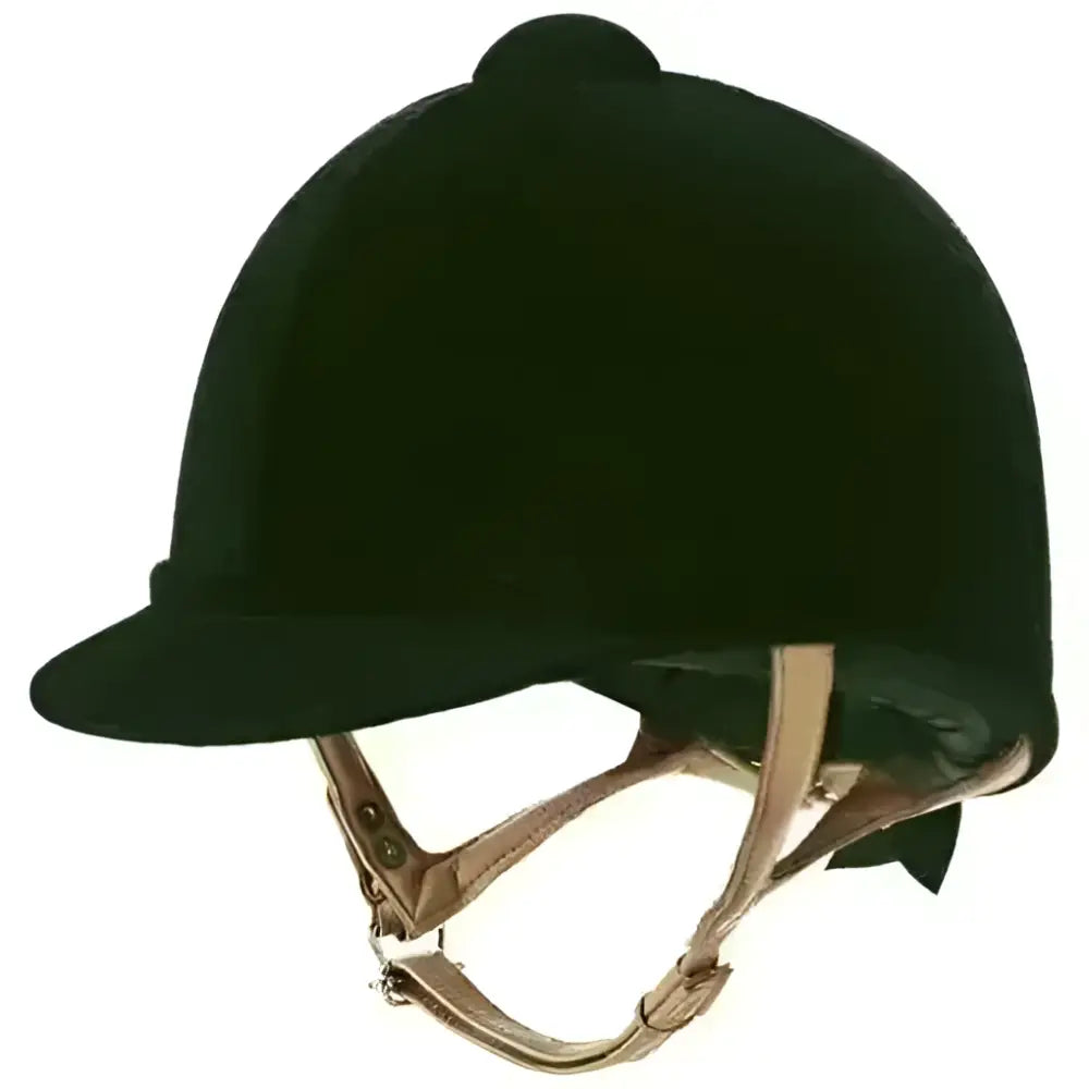 Black velvet charles owen fian riding hat with tan leather straps and a small rounded top for riding use