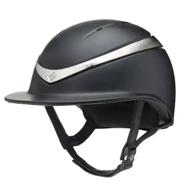 Black charles owen halo equestrian helmet with matte finish and silver accent stripe for next-generation riding safety