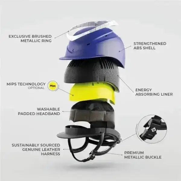 Blue charles owen halo riding helmet with brushed metallic ring yellow liner and sustainable leather harness