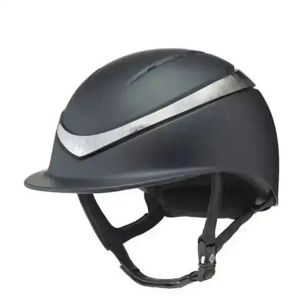 Black charles owen halo riding helmet with matte finish and silver stripe for equestrian use