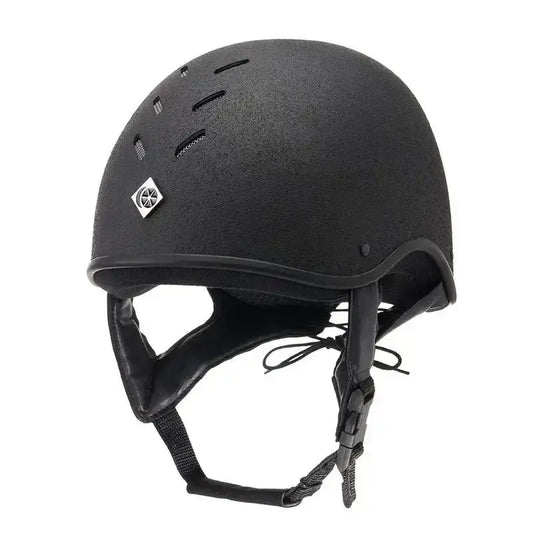 Black charles owen js1 pro riding hat with matte finish ventilation slots and small silver logo on the side