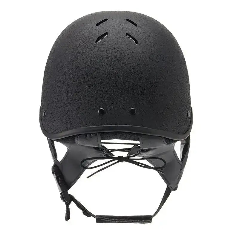 Black charles owen js1 pro riding hat with matte finish and ventilation slots for equestrian use