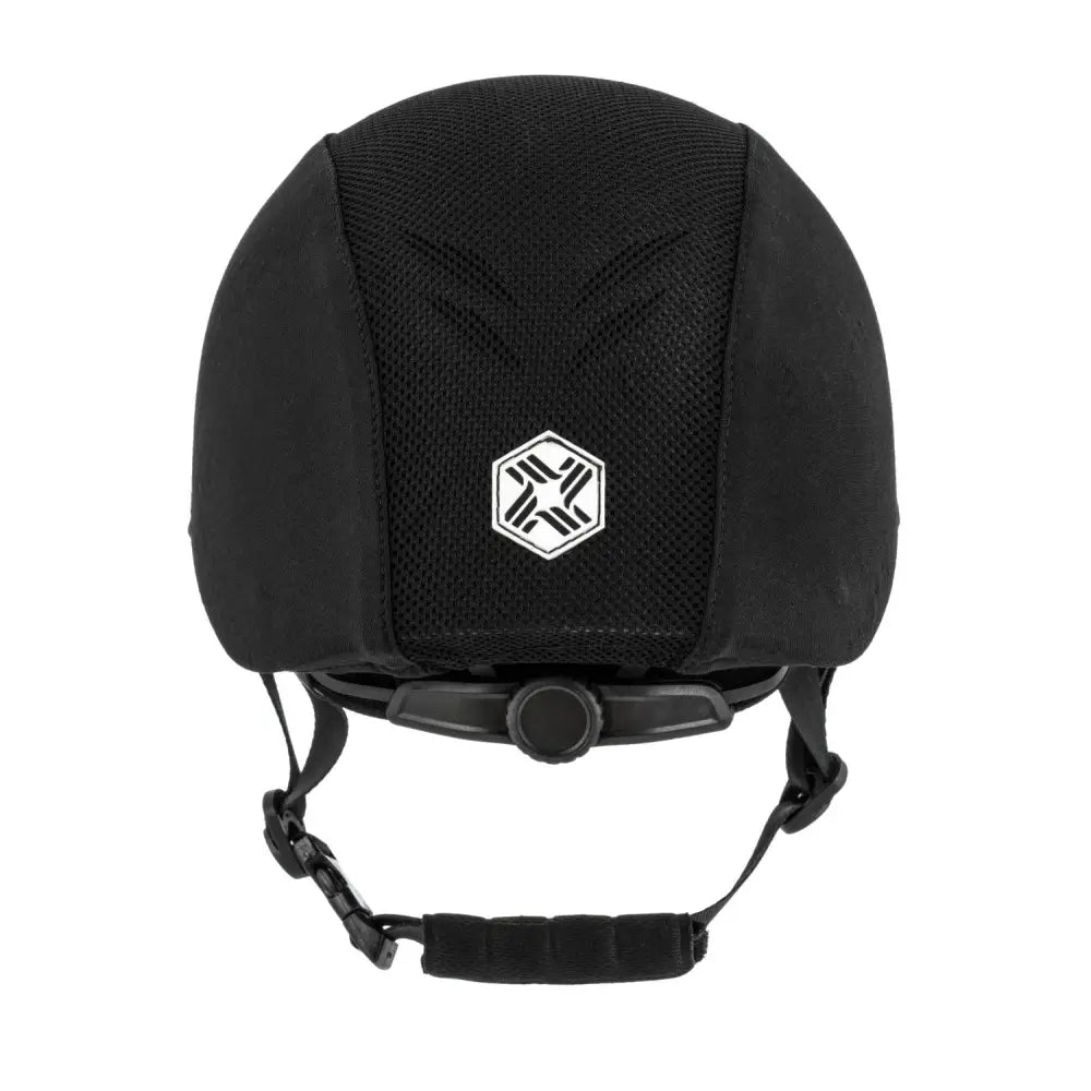Black charles owen phoenix jockey skull helmet cover with mesh panel and white hexagonal logo