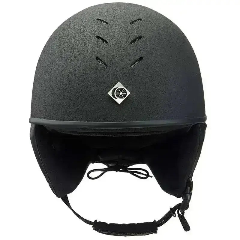 Black charles owen race ii riding hat with textured matte finish ventilation slots and silver diamond logo front view
