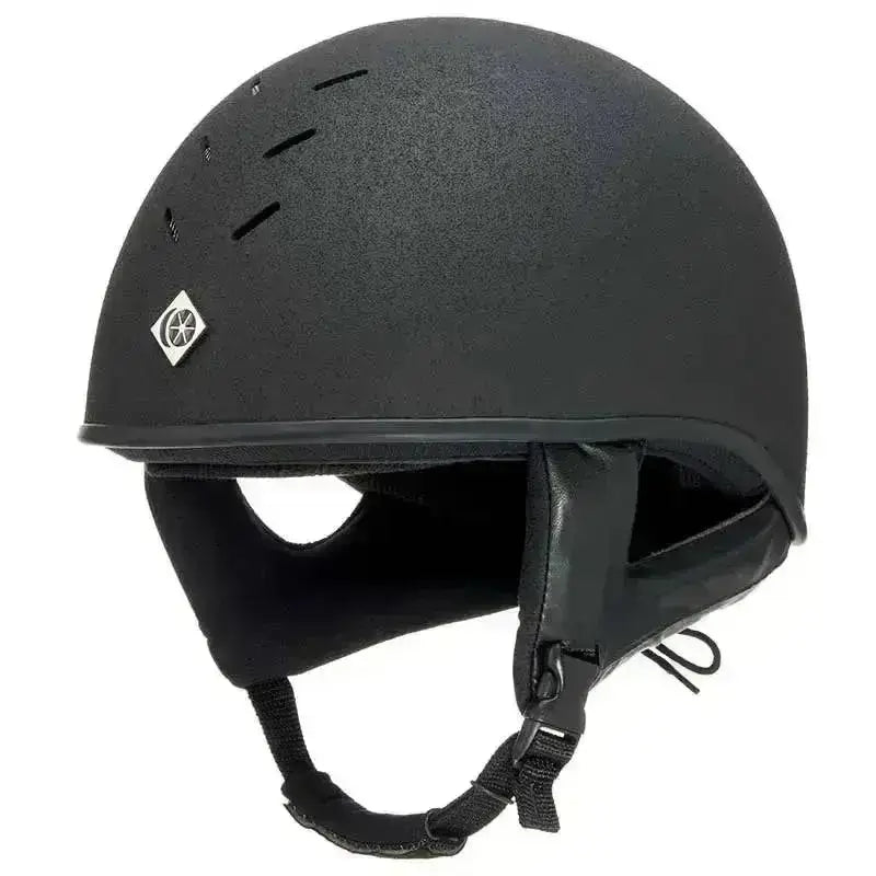 Black charles owen race ii riding hat with matte finish ventilation slots and silver logo emblem for racing skull vg1 01-040 2014-12