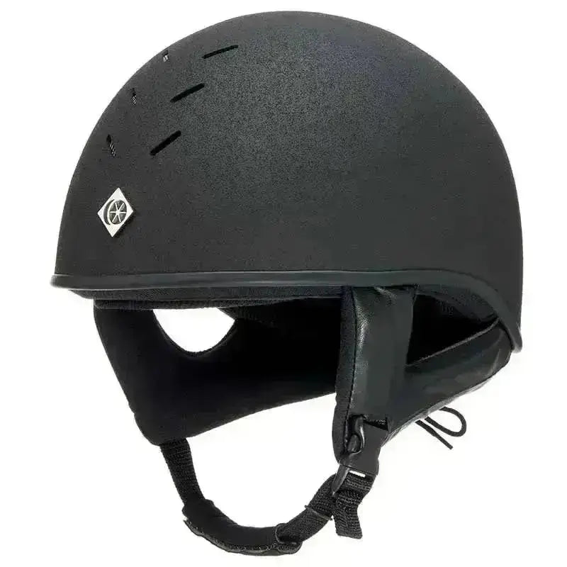 Black charles owen race ii riding hat with matte finish ventilation slots and silver racing skull vg1 01-040 2014-12 emblem